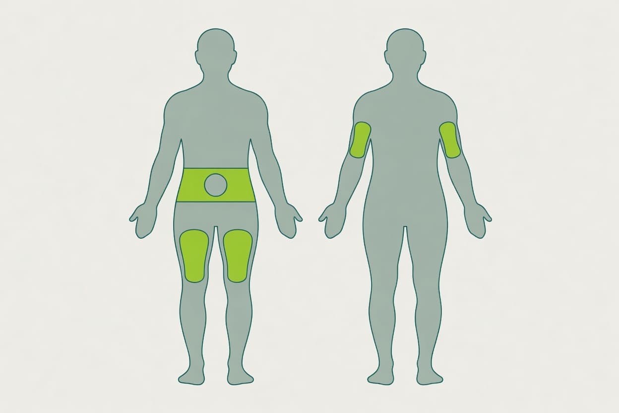 Front and back body outlines. Highlighted: a band across the lower stomach that leaves a circle around the belly button clear, the front of both upper thighs, and the back of both upper arms.